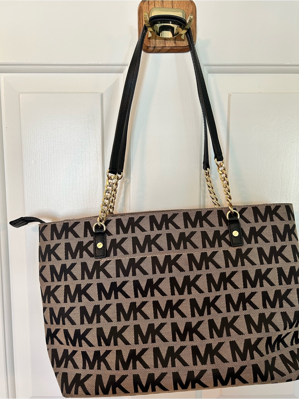 Michael Kors Brown MK Signature Tote Bag with Black Handles